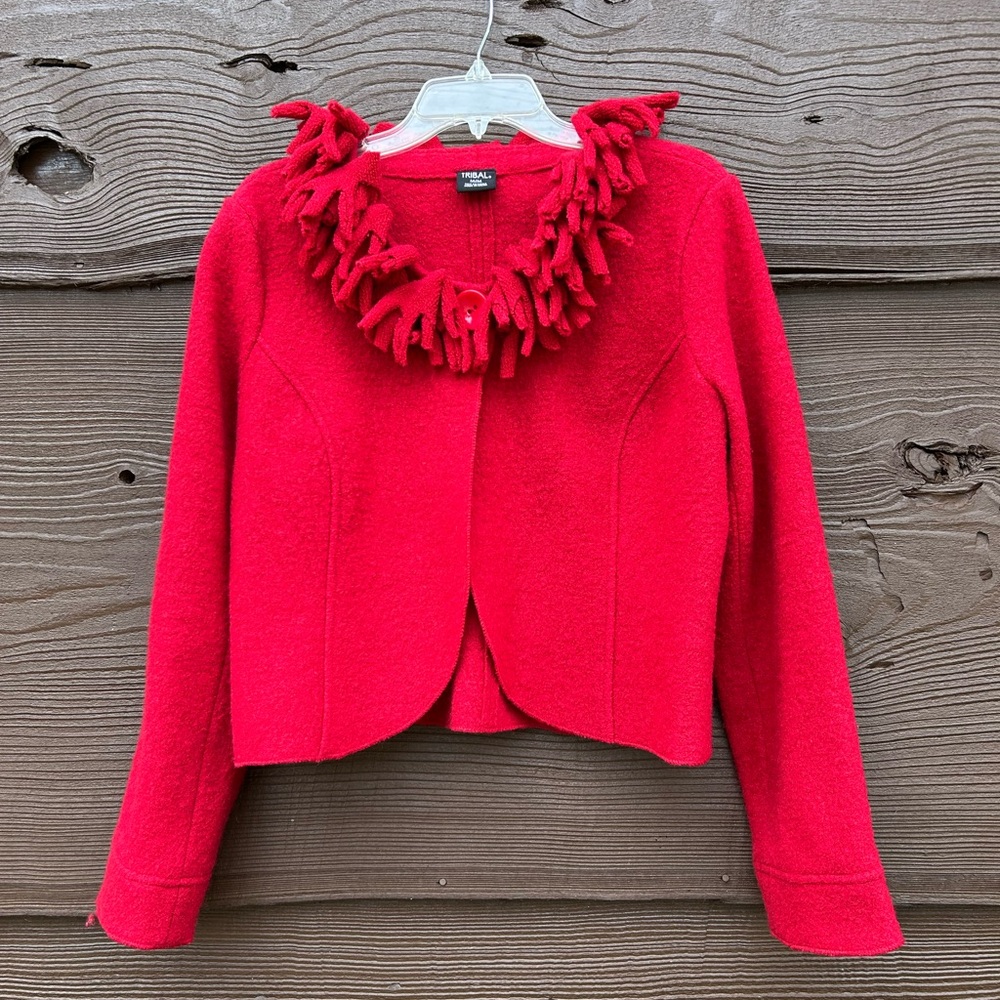 201.TRIBAL Women's 100%Wool Fringe-Trimmed Red Jacket.